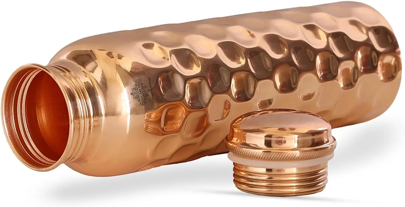 Indian Art Villa Copper Water Bottle - 34 Oz, Diamond Design, Mirror Shine, Lacquer Coated, Leak-Proof, Drinkware for Home, Office, Travel, Yoga, and Gifting