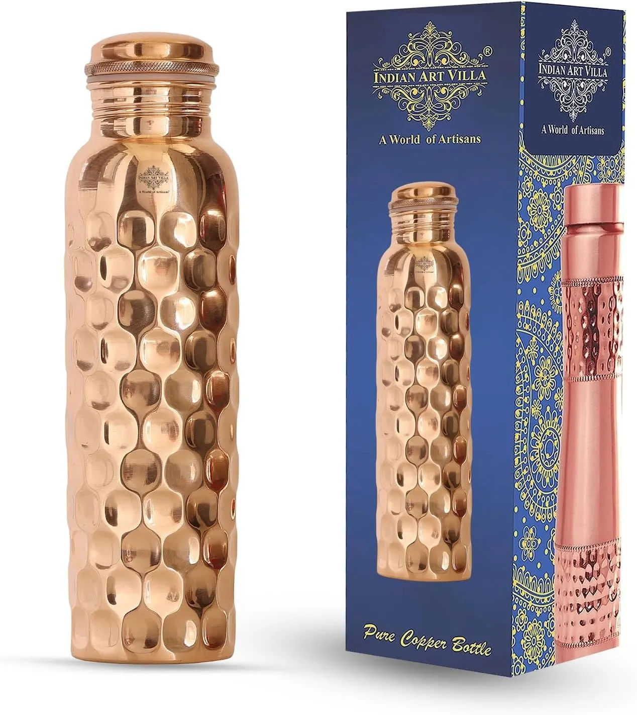 Indian Art Villa Copper Water Bottle - 34 Oz, Diamond Design, Mirror Shine, Lacquer Coated, Leak-Proof, Drinkware for Home, Office, Travel, Yoga, and Gifting