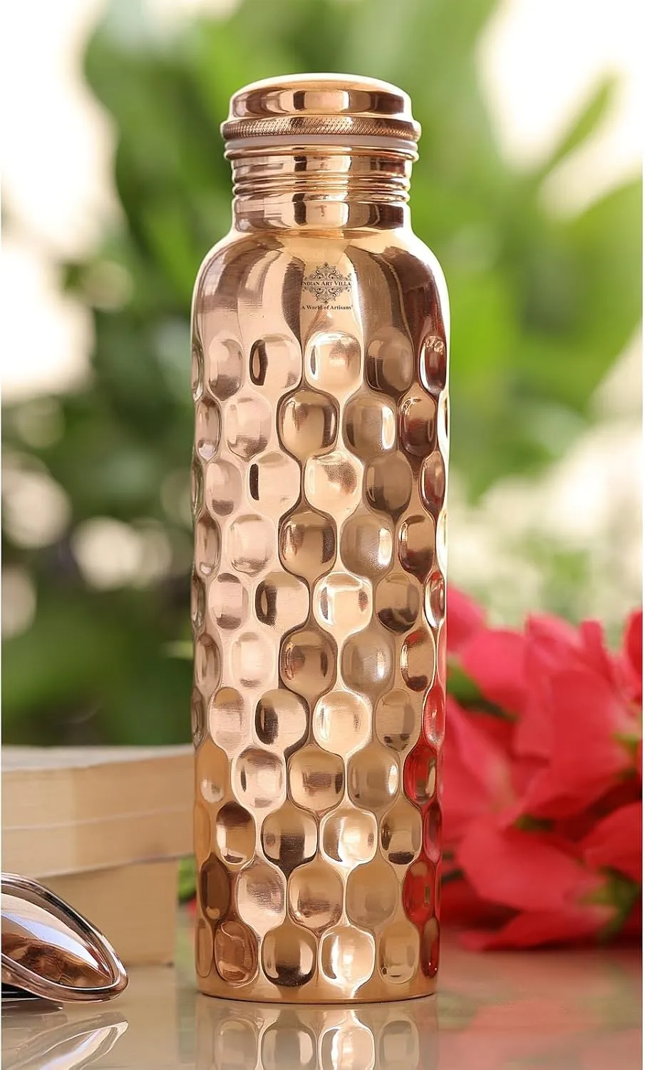 Indian Art Villa Copper Water Bottle - 34 Oz, Diamond Design, Mirror Shine, Lacquer Coated, Leak-Proof, Drinkware for Home, Office, Travel, Yoga, and Gifting