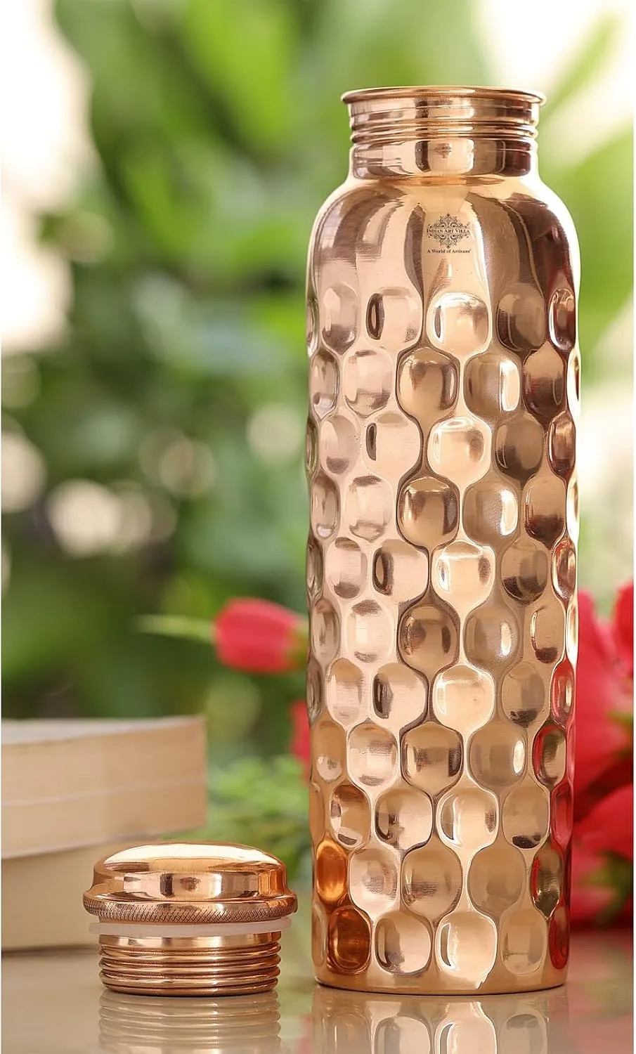 Indian Art Villa Copper Water Bottle - 34 Oz, Diamond Design, Mirror Shine, Lacquer Coated, Leak-Proof, Drinkware for Home, Office, Travel, Yoga, and Gifting
