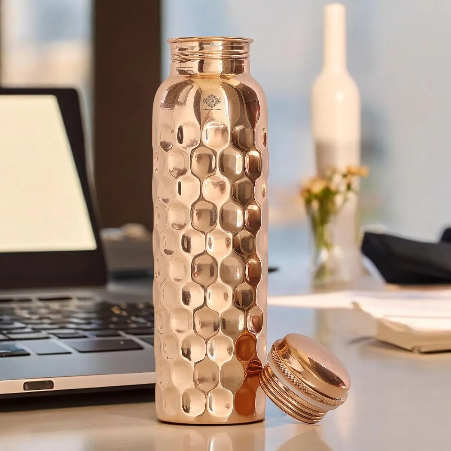 Indian Art Villa Copper Water Bottle - 34 Oz, Diamond Design, Mirror Shine, Lacquer Coated, Leak-Proof, Drinkware for Home, Office, Travel, Yoga, and Gifting
