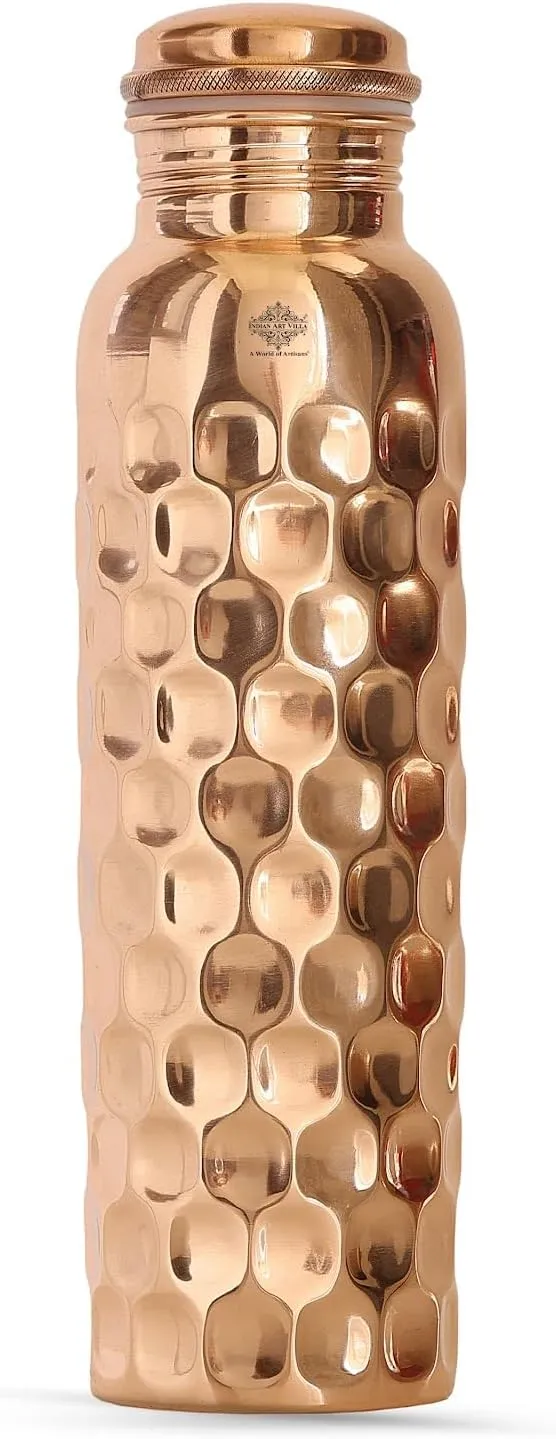 Indian Art Villa Copper Water Bottle - 34 Oz, Diamond Design, Mirror Shine, Lacquer Coated, Leak-Proof, Drinkware for Home, Office, Travel, Yoga, and Gifting