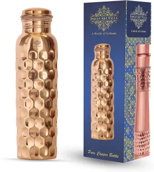 Indian Art Villa Copper Water Bottle - 34 Oz, Diamond Design, Mirror Shine, Lacquer Coated, Leak-Proof, Drinkware for Home, Office, Travel, Yoga, and Gifting