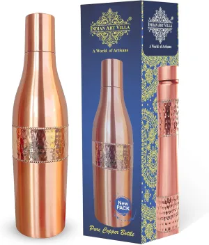 Indian Art Villa Copper Water Bottle, Lacquer Coated Hammered Design Dolphin Water Bottle, Drinkware, Storage Purpose, Volume- 40 Oz
