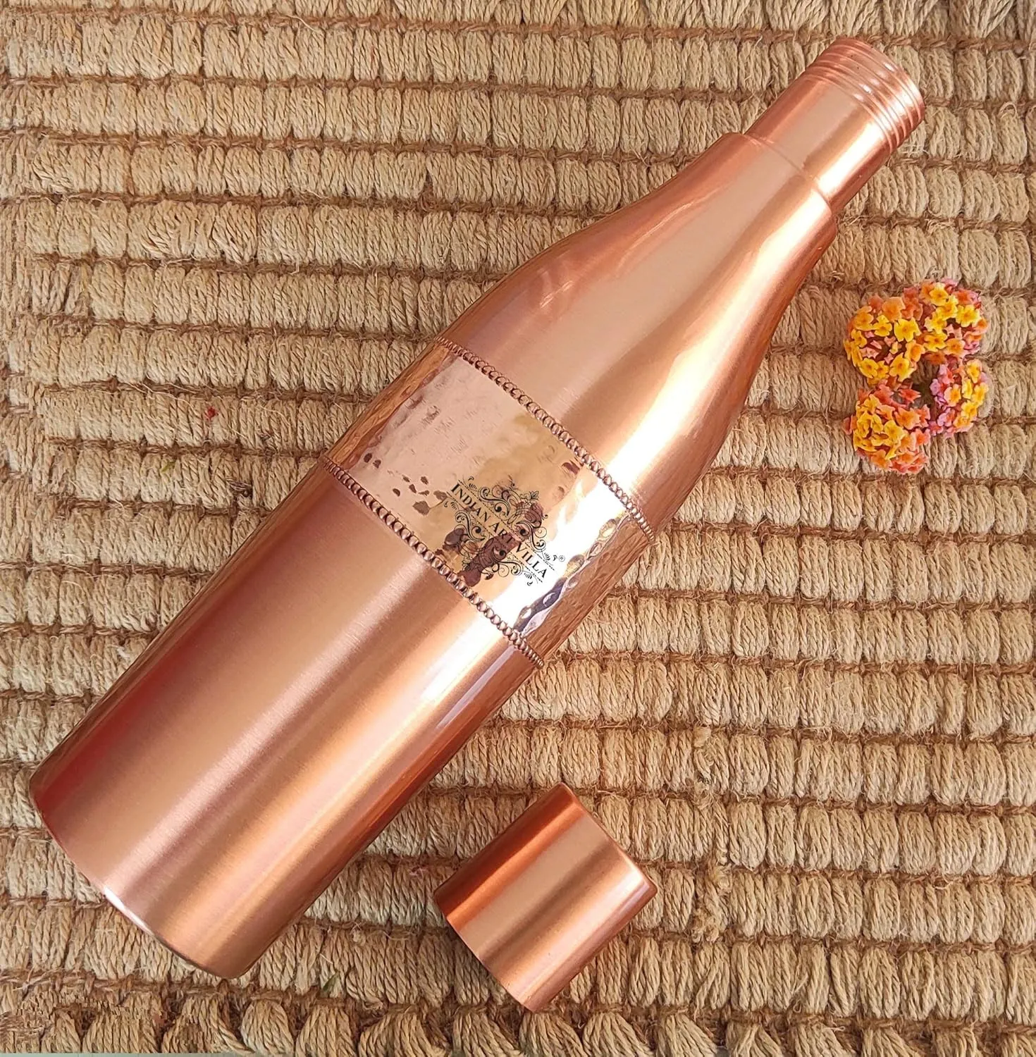 Indian Art Villa Copper Water Bottle, Lacquer Coated Hammered Design Dolphin Water Bottle, Drinkware, Storage Purpose, Volume- 40 Oz