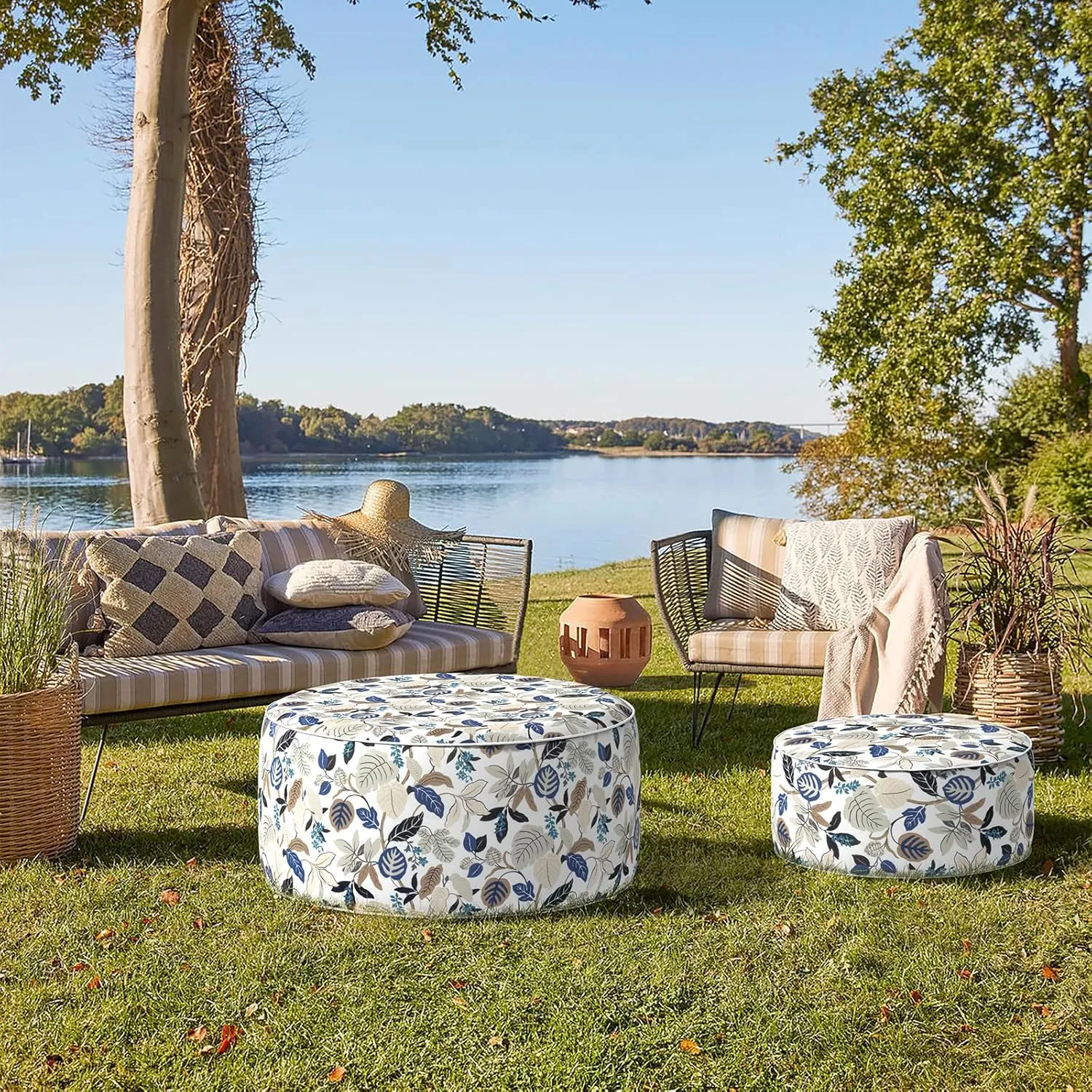 Indoor/Outdoor Inflatable Ottoman D21 x H9 inch, Round Footstool Inflatable Foot Rest Ottoman with Handle, Portable Ottoman Pouf for Patio, Garden, Camping, Home, Breeze Leaves Beige