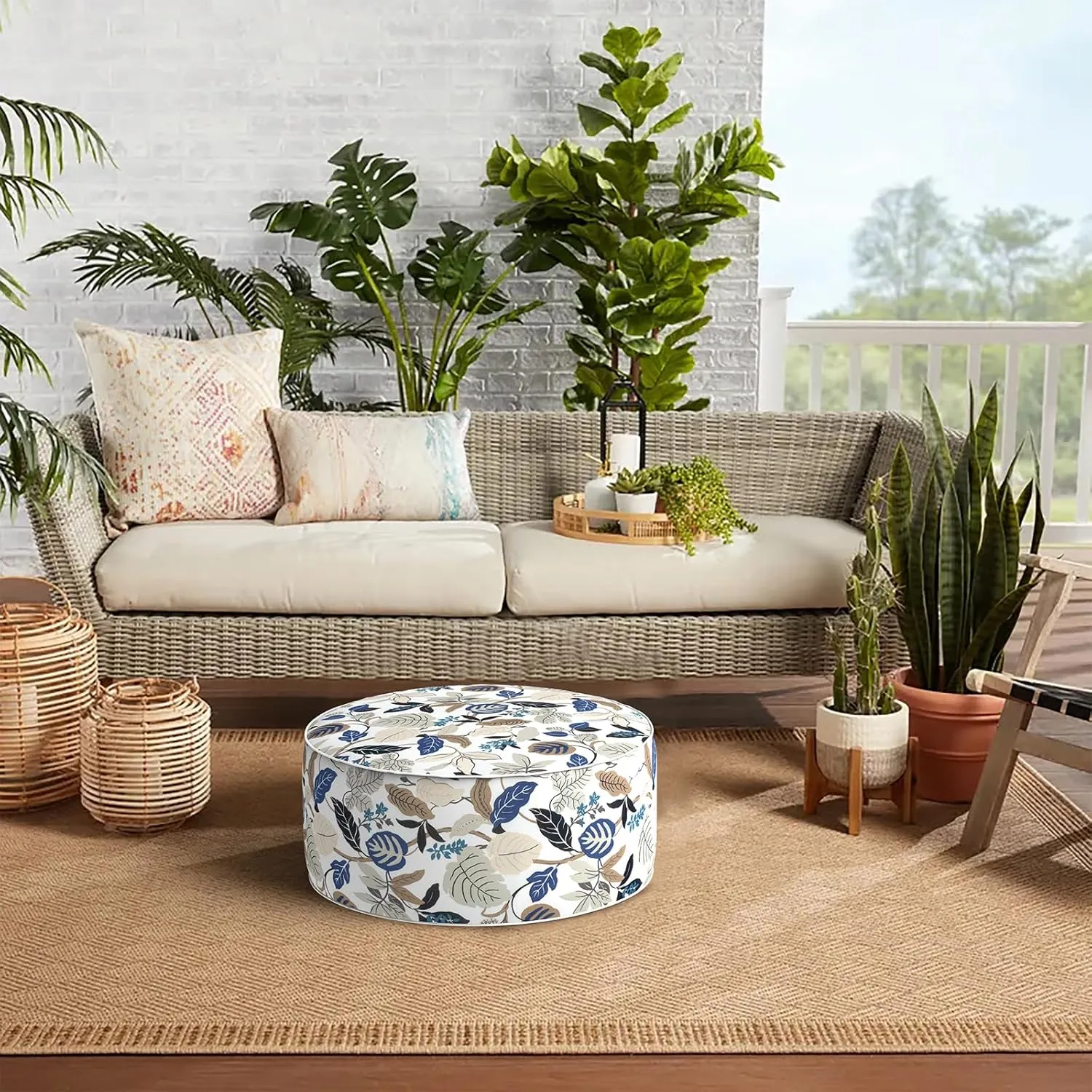 Indoor/Outdoor Inflatable Ottoman D21 x H9 inch, Round Footstool Inflatable Foot Rest Ottoman with Handle, Portable Ottoman Pouf for Patio, Garden, Camping, Home, Breeze Leaves Beige