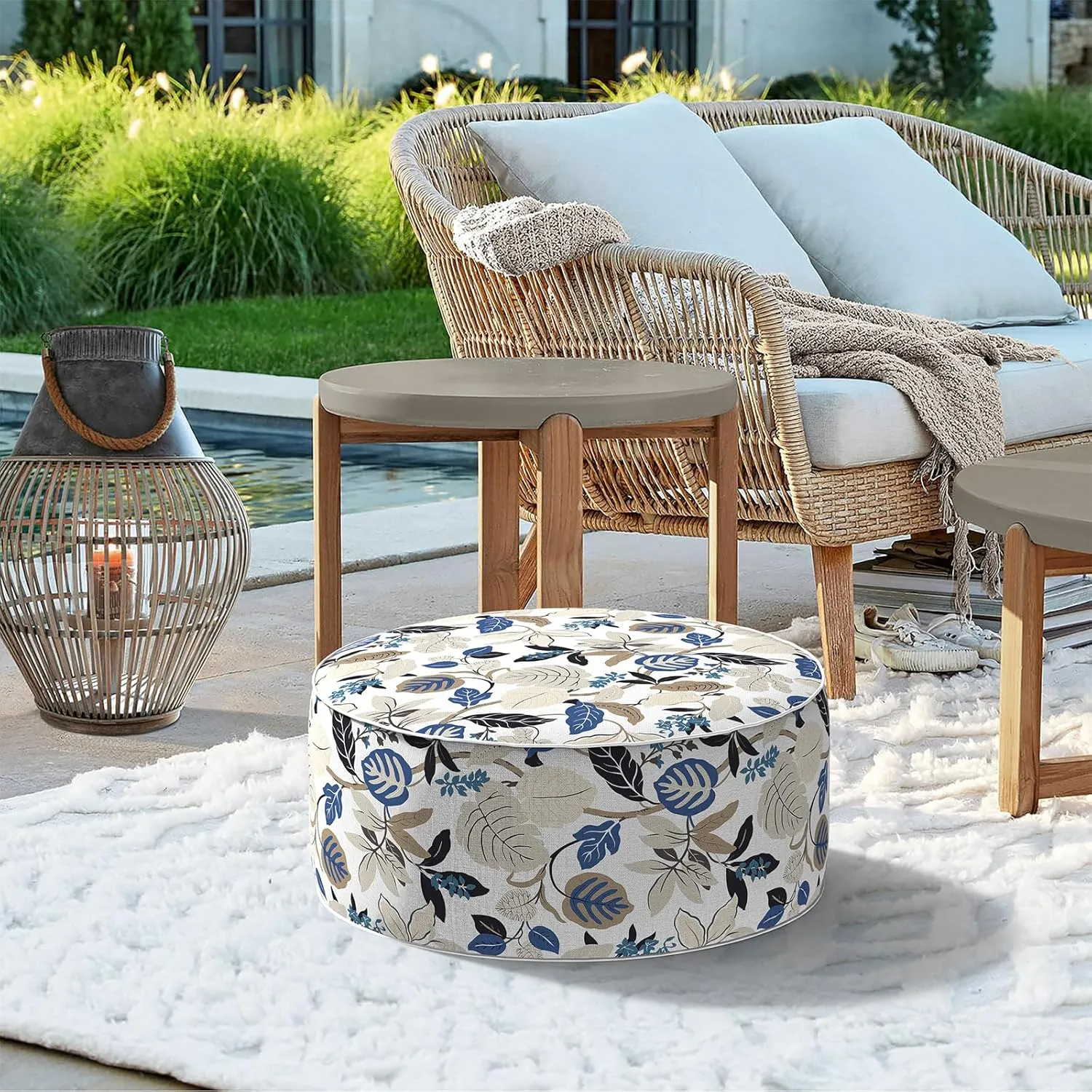 Indoor/Outdoor Inflatable Ottoman D21 x H9 inch, Round Footstool Inflatable Foot Rest Ottoman with Handle, Portable Ottoman Pouf for Patio, Garden, Camping, Home, Breeze Leaves Beige