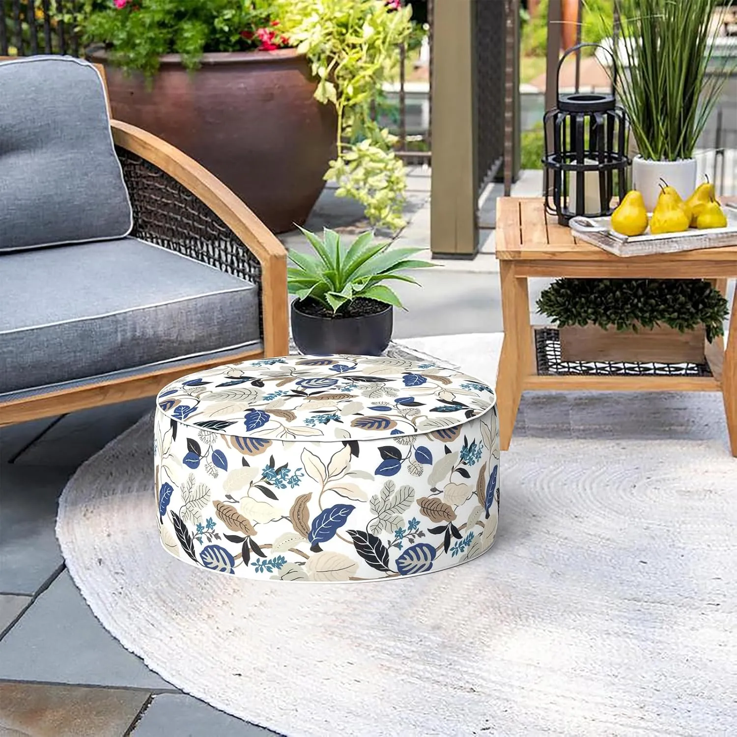 Indoor/Outdoor Inflatable Ottoman D21 x H9 inch, Round Footstool Inflatable Foot Rest Ottoman with Handle, Portable Ottoman Pouf for Patio, Garden, Camping, Home, Breeze Leaves Beige