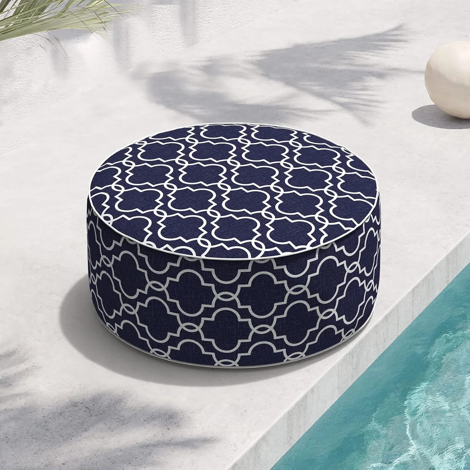 Indoor/Outdoor Inflatable Ottoman D21 x H9 inch, Round Footstool Inflatable Foot Rest Ottoman with Handle, Portable Ottoman Pouf for Patio, Garden, Camping, Home, Carmody Navy