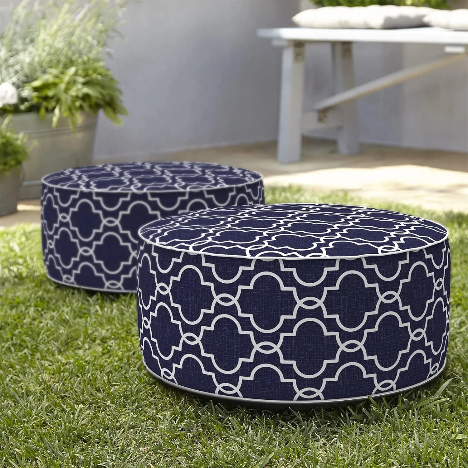 Indoor/Outdoor Inflatable Ottoman D21 x H9 inch, Round Footstool Inflatable Foot Rest Ottoman with Handle, Portable Ottoman Pouf for Patio, Garden, Camping, Home, Carmody Navy