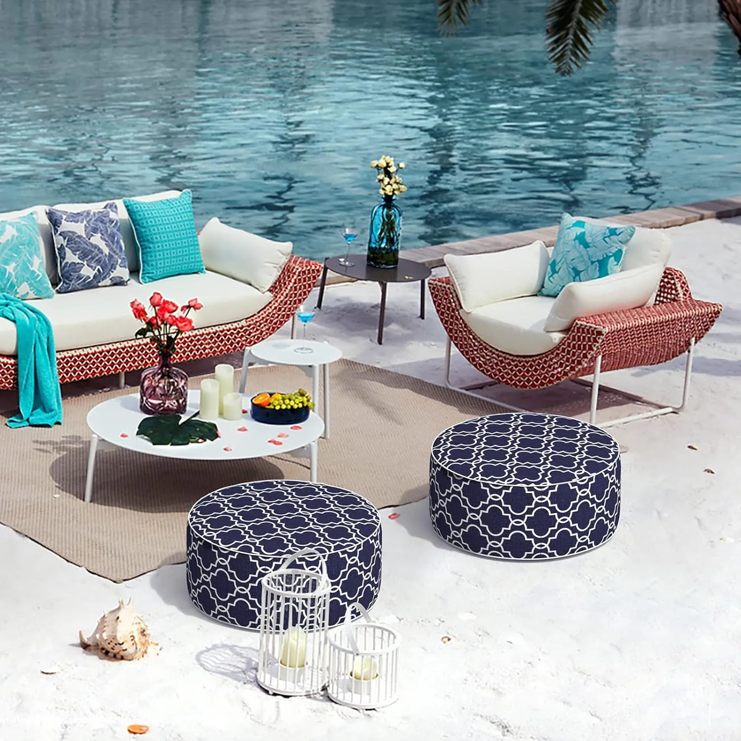 Indoor/Outdoor Inflatable Ottoman D21 x H9 inch, Round Footstool Inflatable Foot Rest Ottoman with Handle, Portable Ottoman Pouf for Patio, Garden, Camping, Home, Carmody Navy