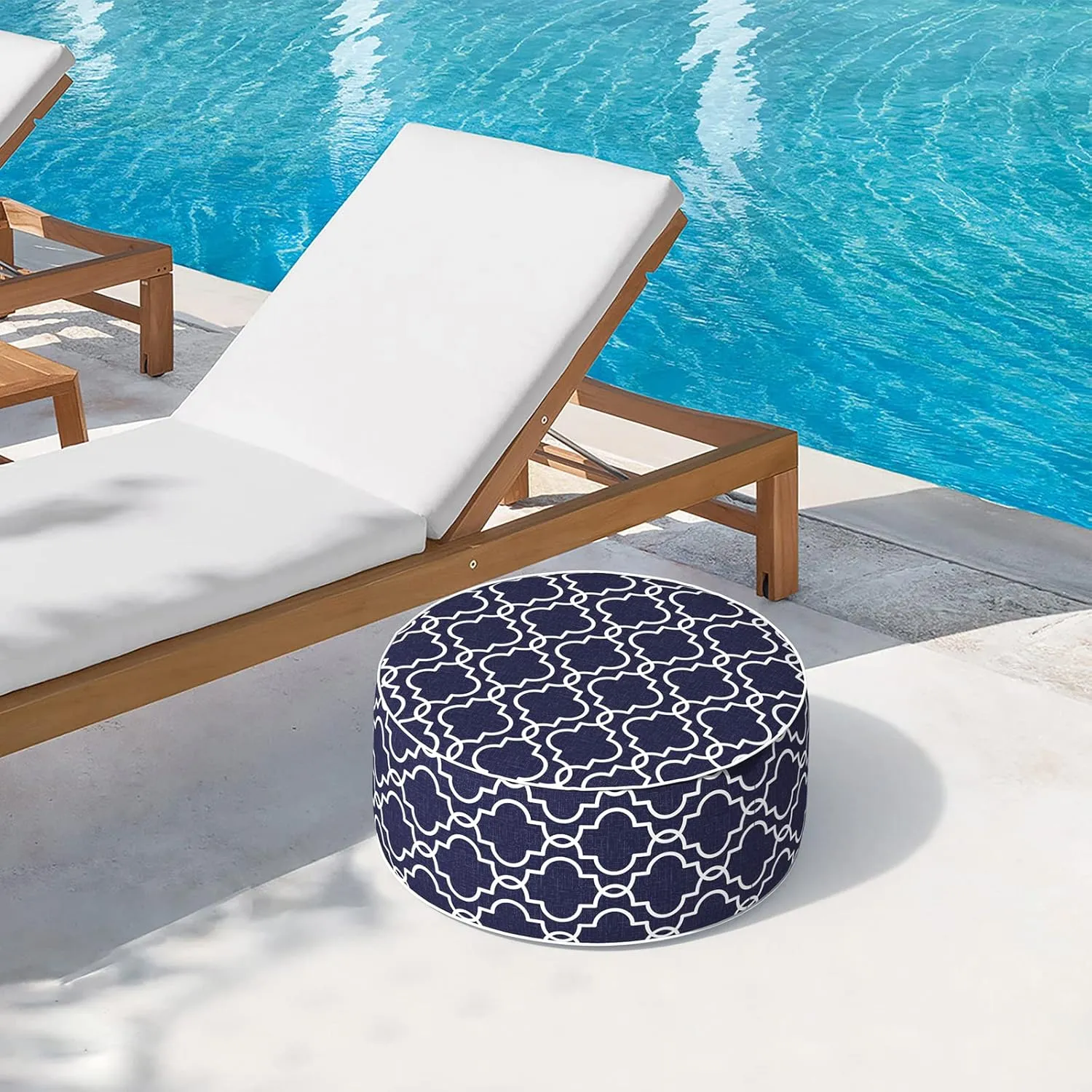 Indoor/Outdoor Inflatable Ottoman D21 x H9 inch, Round Footstool Inflatable Foot Rest Ottoman with Handle, Portable Ottoman Pouf for Patio, Garden, Camping, Home, Carmody Navy