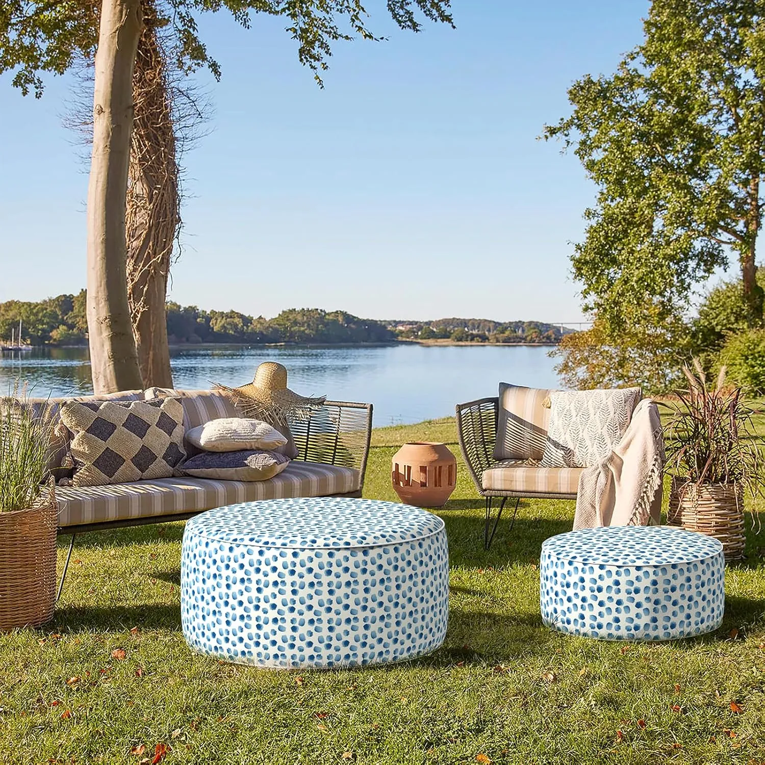 Indoor/Outdoor Inflatable Ottoman D21 x H9 inch, Round Footstool Inflatable Foot Rest Ottoman with Handle, Portable Ottomans Pouf for Patio, Garden, Camping, Home, Brush Blue