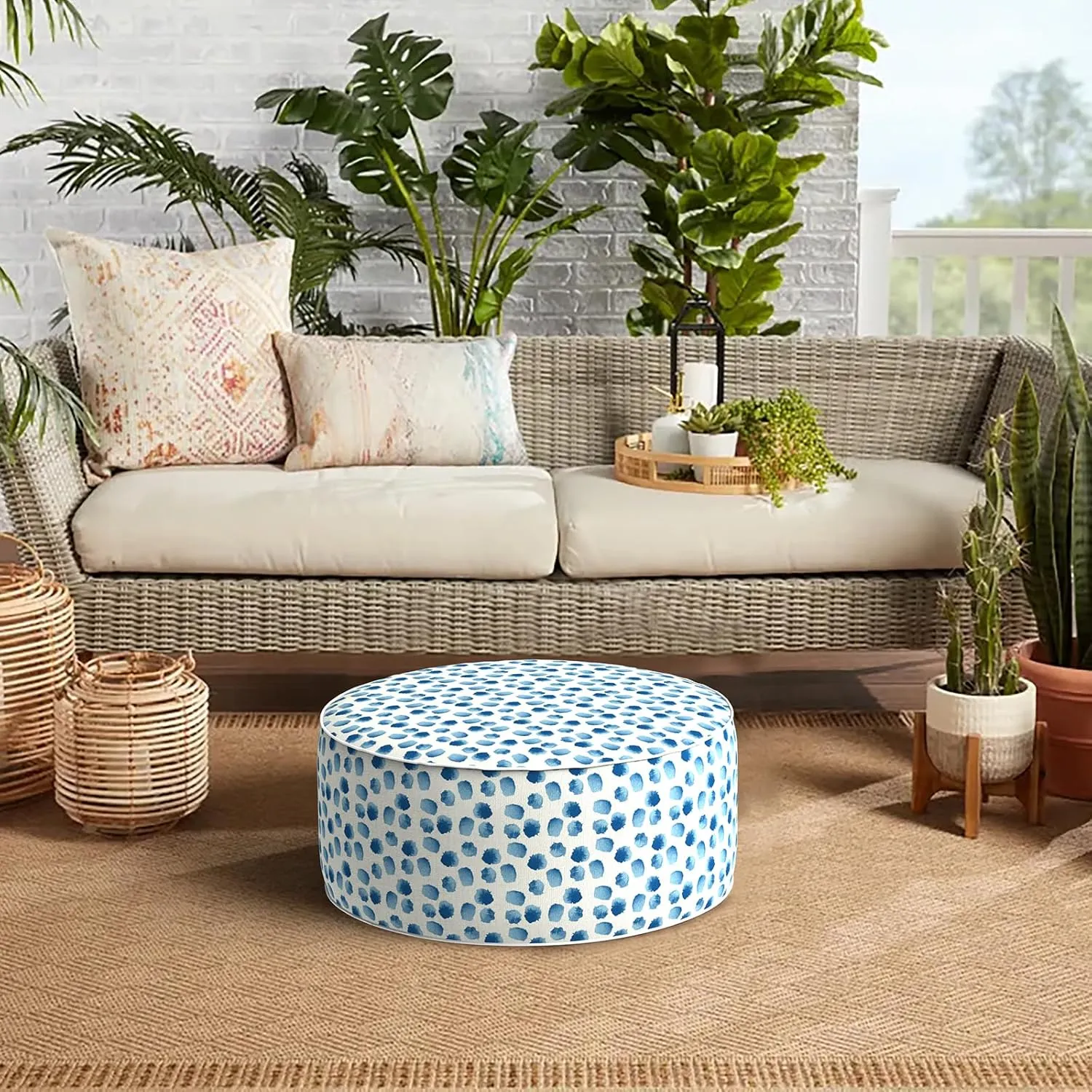 Indoor/Outdoor Inflatable Ottoman D21 x H9 inch, Round Footstool Inflatable Foot Rest Ottoman with Handle, Portable Ottomans Pouf for Patio, Garden, Camping, Home, Brush Blue