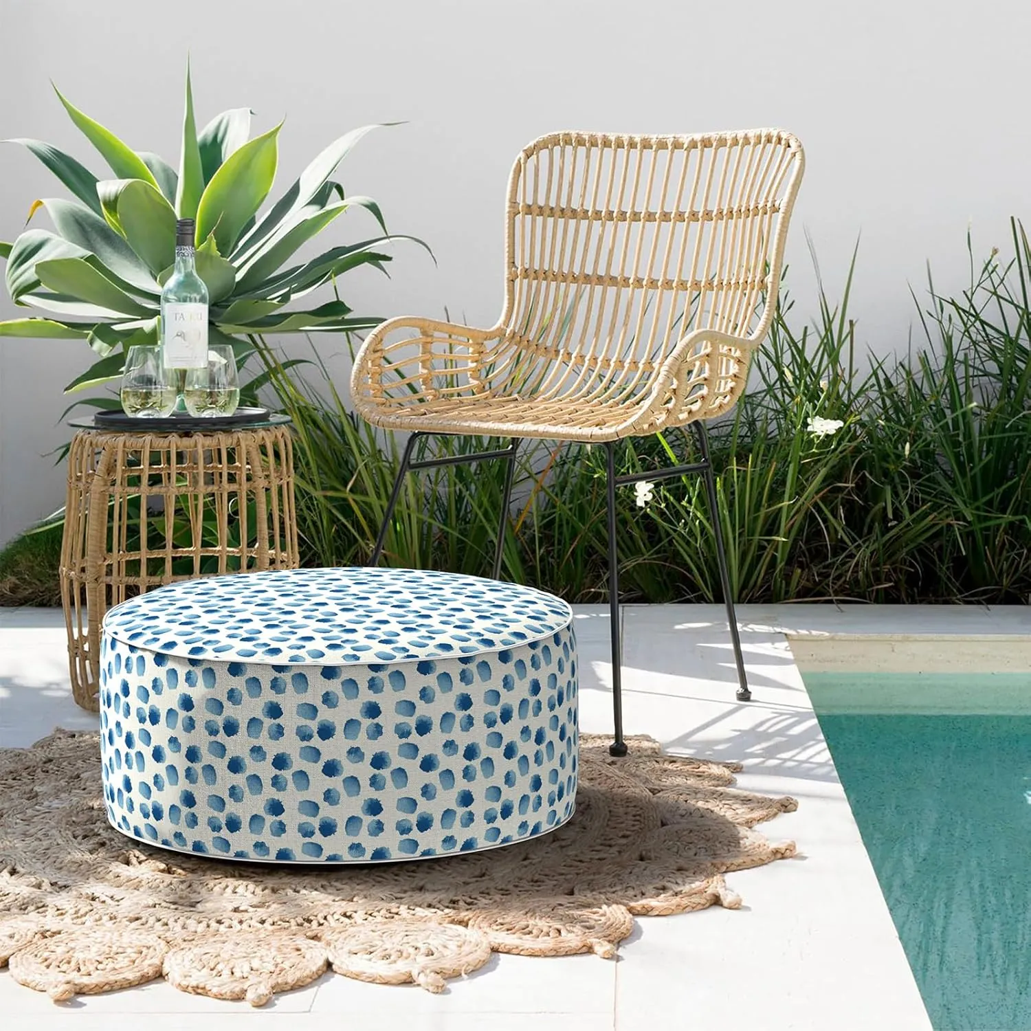 Indoor/Outdoor Inflatable Ottoman D21 x H9 inch, Round Footstool Inflatable Foot Rest Ottoman with Handle, Portable Ottomans Pouf for Patio, Garden, Camping, Home, Brush Blue