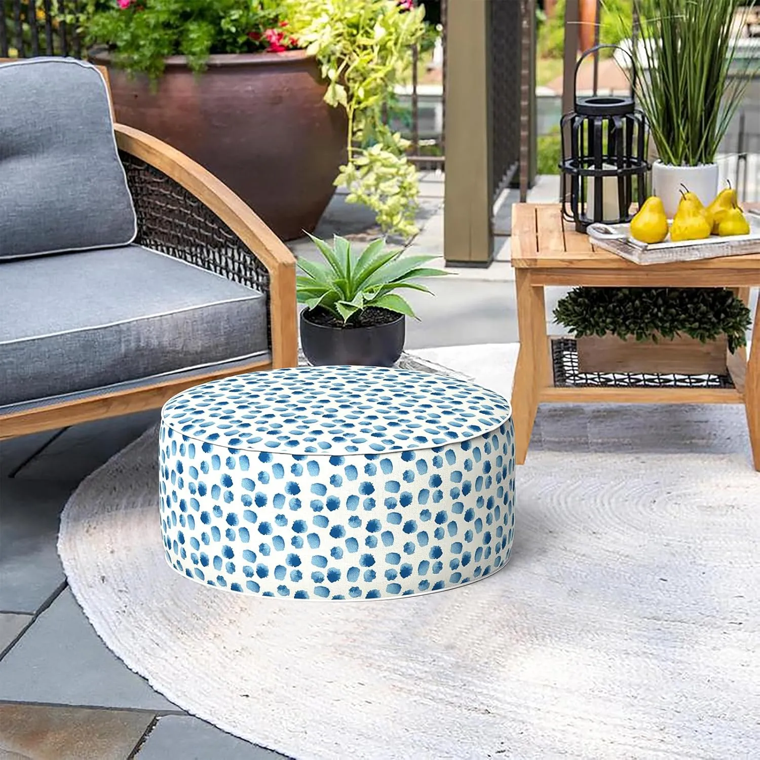 Indoor/Outdoor Inflatable Ottoman D21 x H9 inch, Round Footstool Inflatable Foot Rest Ottoman with Handle, Portable Ottomans Pouf for Patio, Garden, Camping, Home, Brush Blue