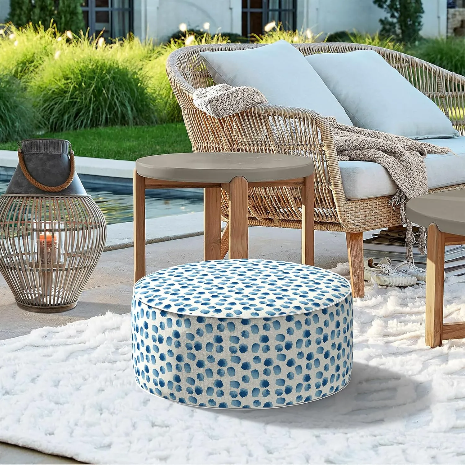 Indoor/Outdoor Inflatable Ottoman D21 x H9 inch, Round Footstool Inflatable Foot Rest Ottoman with Handle, Portable Ottomans Pouf for Patio, Garden, Camping, Home, Brush Blue