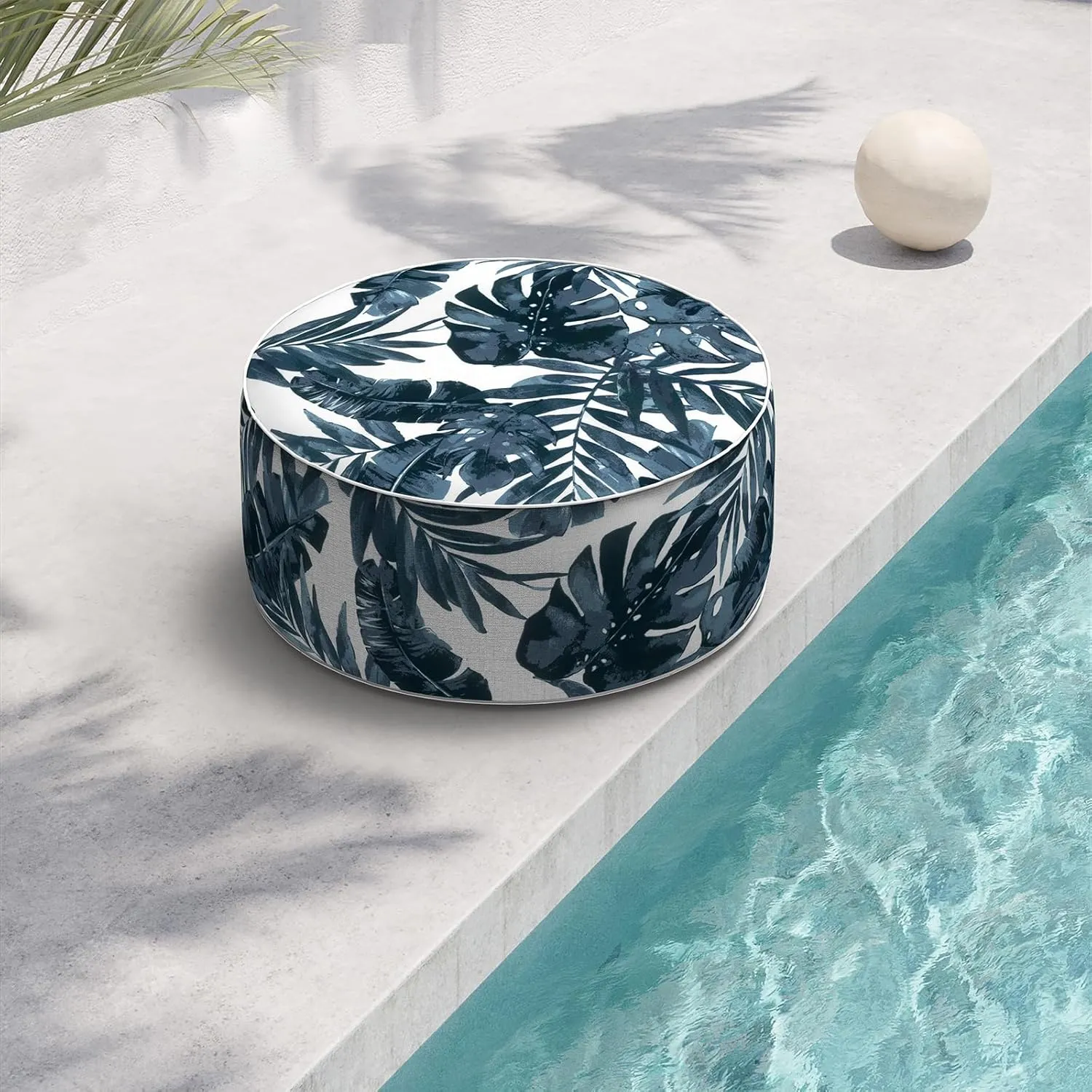 Indoor/Outdoor Inflatable Ottoman D21 x H9 inch, Round Footstool Inflatable Foot Rest Ottoman with Handle, Portable Ottomans Pouf for Patio, Garden, Camping, Home, Palm Blue