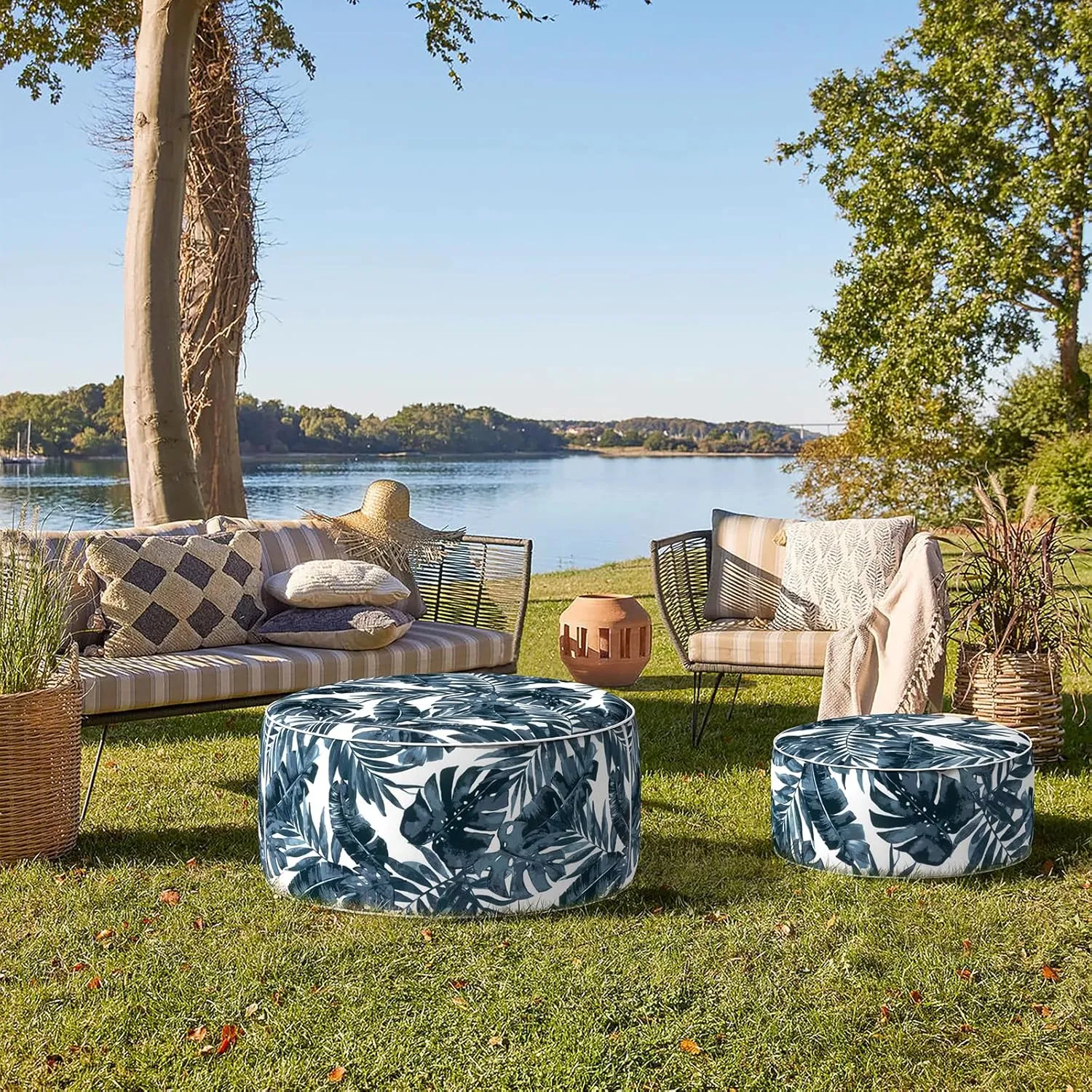 Indoor/Outdoor Inflatable Ottoman D21 x H9 inch, Round Footstool Inflatable Foot Rest Ottoman with Handle, Portable Ottomans Pouf for Patio, Garden, Camping, Home, Palm Blue