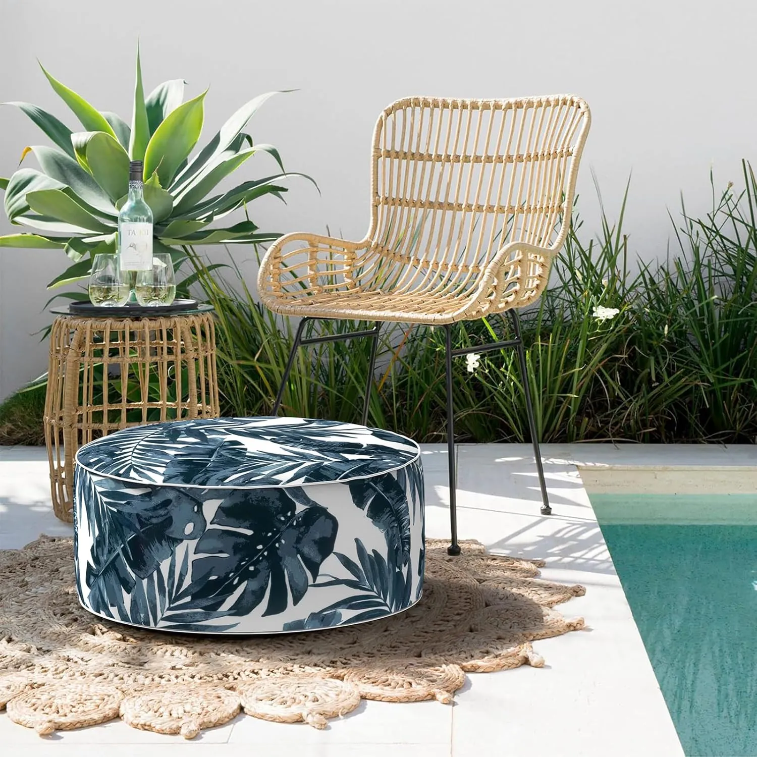 Indoor/Outdoor Inflatable Ottoman D21 x H9 inch, Round Footstool Inflatable Foot Rest Ottoman with Handle, Portable Ottomans Pouf for Patio, Garden, Camping, Home, Palm Blue