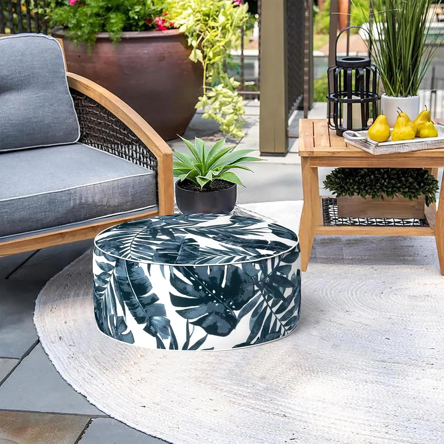 Indoor/Outdoor Inflatable Ottoman D21 x H9 inch, Round Footstool Inflatable Foot Rest Ottoman with Handle, Portable Ottomans Pouf for Patio, Garden, Camping, Home, Palm Blue