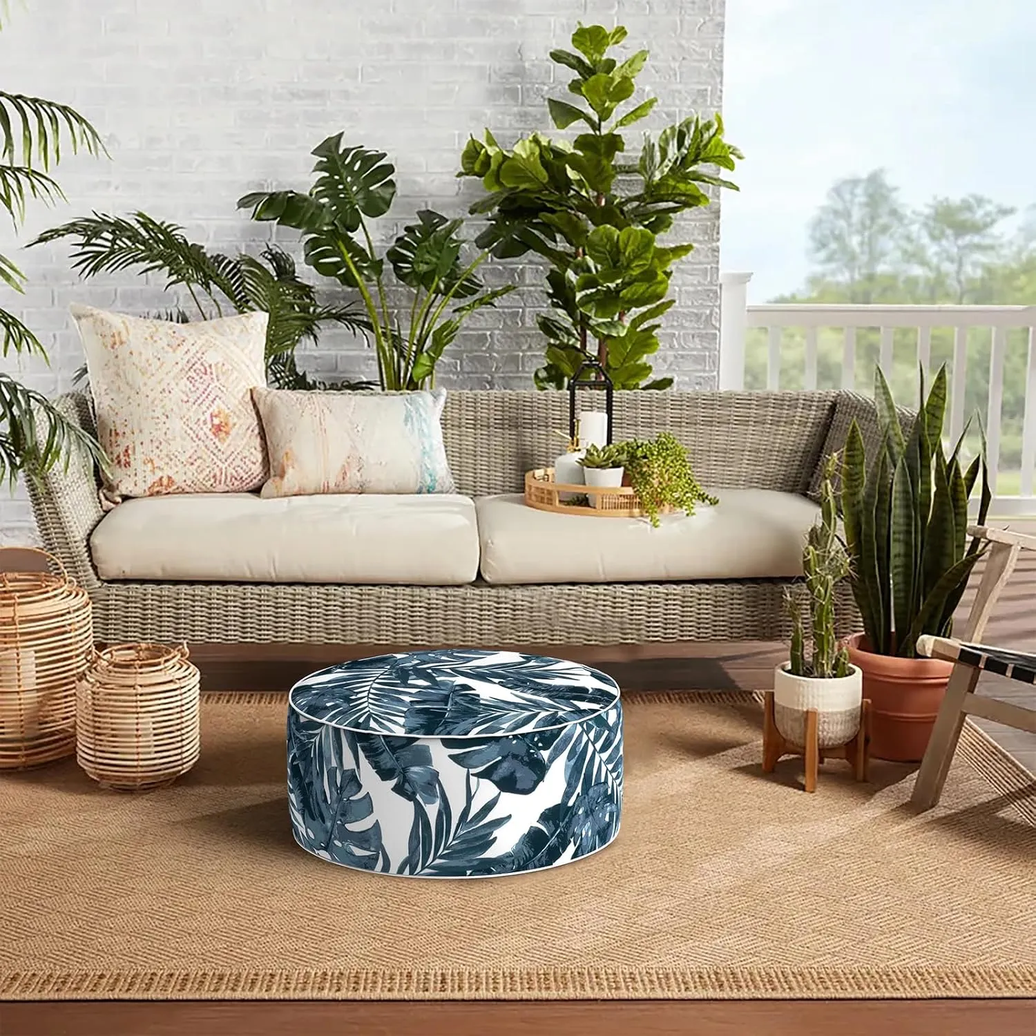 Indoor/Outdoor Inflatable Ottoman D21 x H9 inch, Round Footstool Inflatable Foot Rest Ottoman with Handle, Portable Ottomans Pouf for Patio, Garden, Camping, Home, Palm Blue