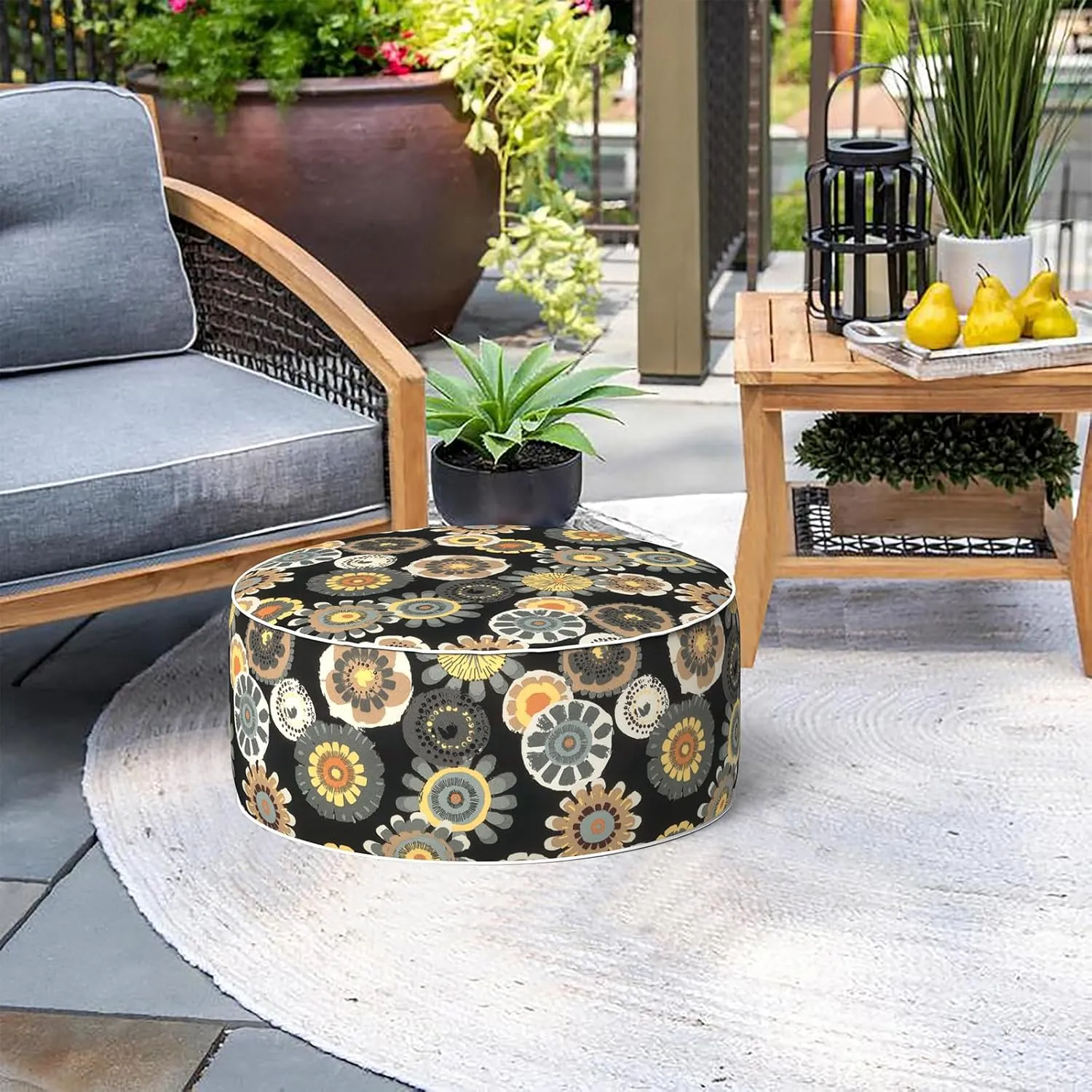 Indoor/Outdoor Inflatable Ottoman D21 x H9 inch, Round Footstool Inflatable Foot Rest Ottomans with Handle,Portable Ottoman Pouf for Patio, Garden, Camping, Home,Black Yellow Crosby