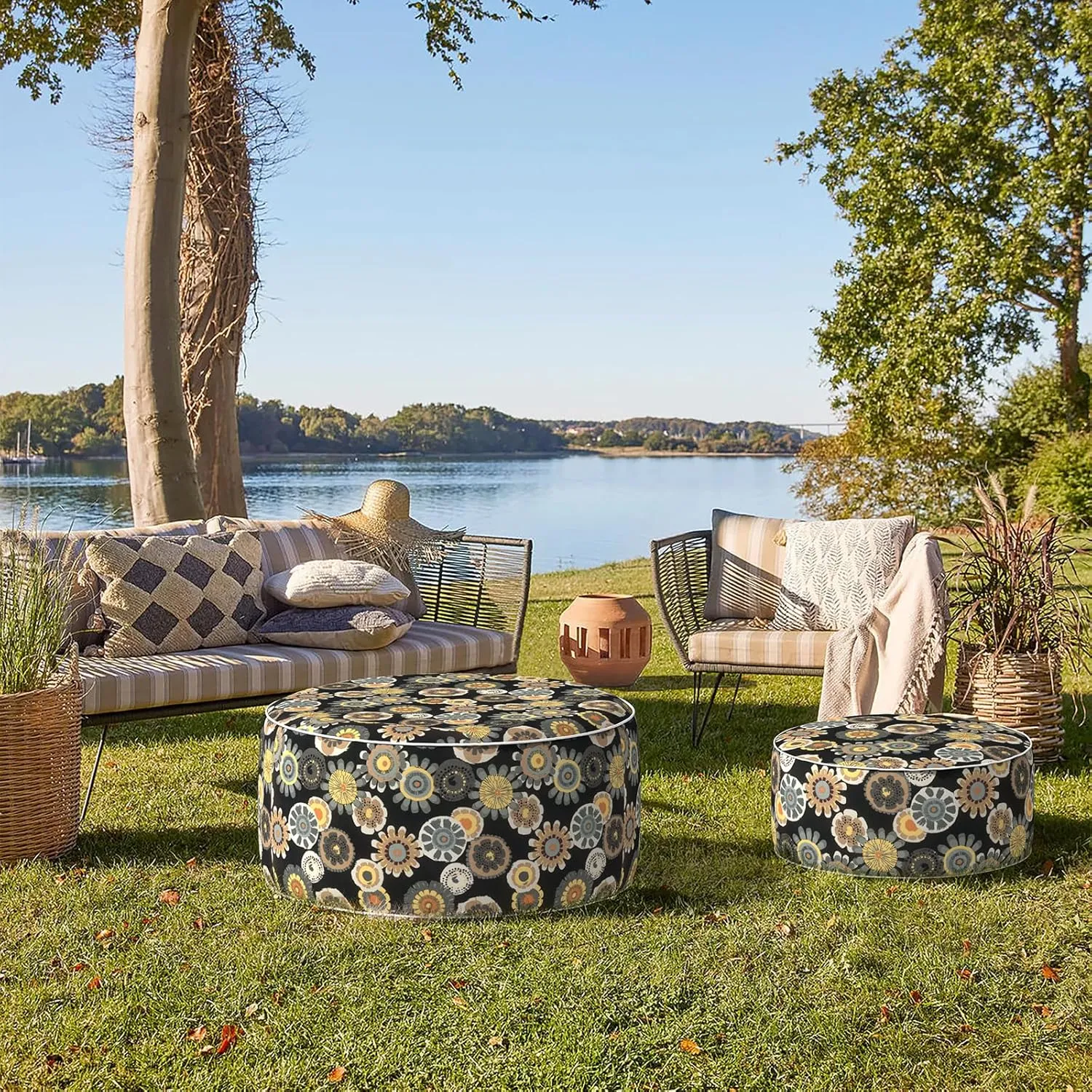 Indoor/Outdoor Inflatable Ottoman D21 x H9 inch, Round Footstool Inflatable Foot Rest Ottomans with Handle,Portable Ottoman Pouf for Patio, Garden, Camping, Home,Black Yellow Crosby