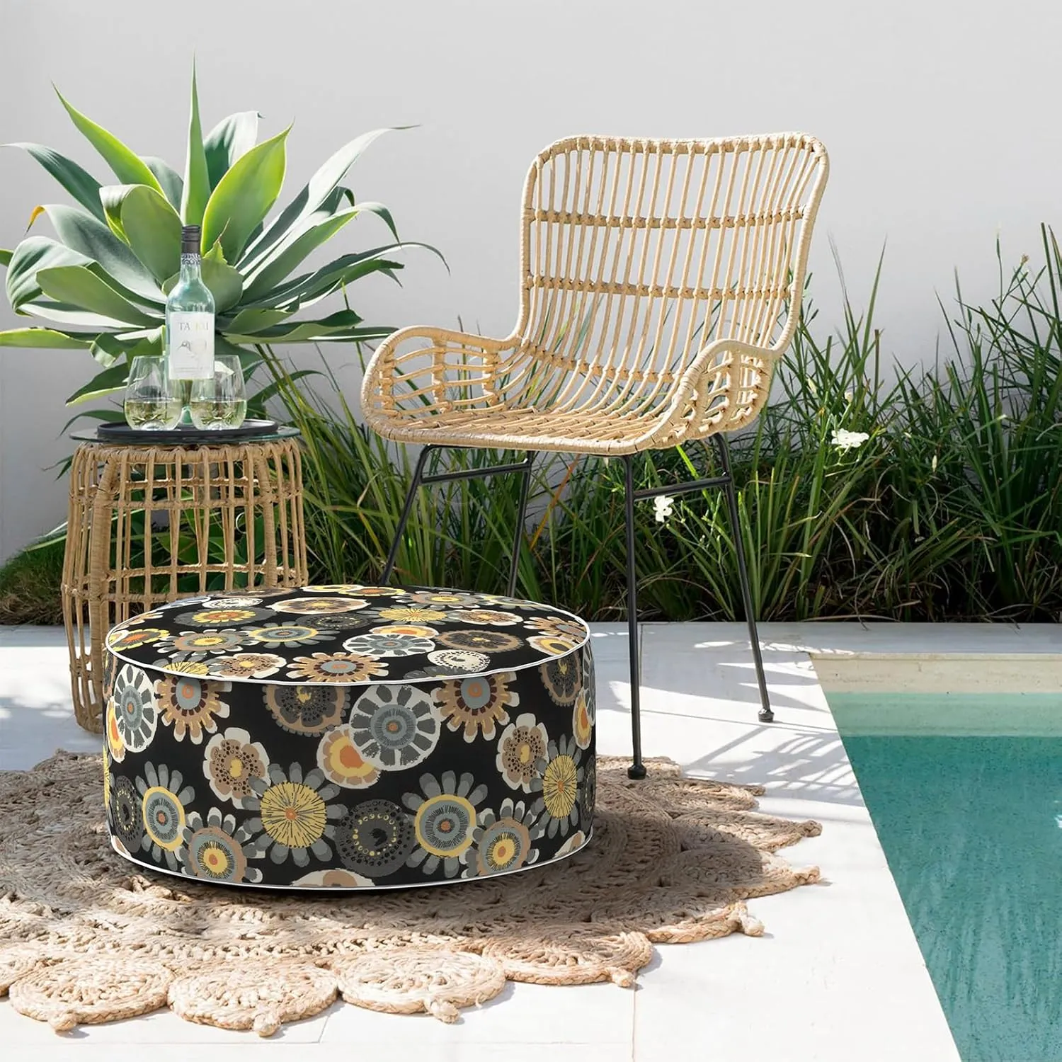 Indoor/Outdoor Inflatable Ottoman D21 x H9 inch, Round Footstool Inflatable Foot Rest Ottomans with Handle,Portable Ottoman Pouf for Patio, Garden, Camping, Home,Black Yellow Crosby