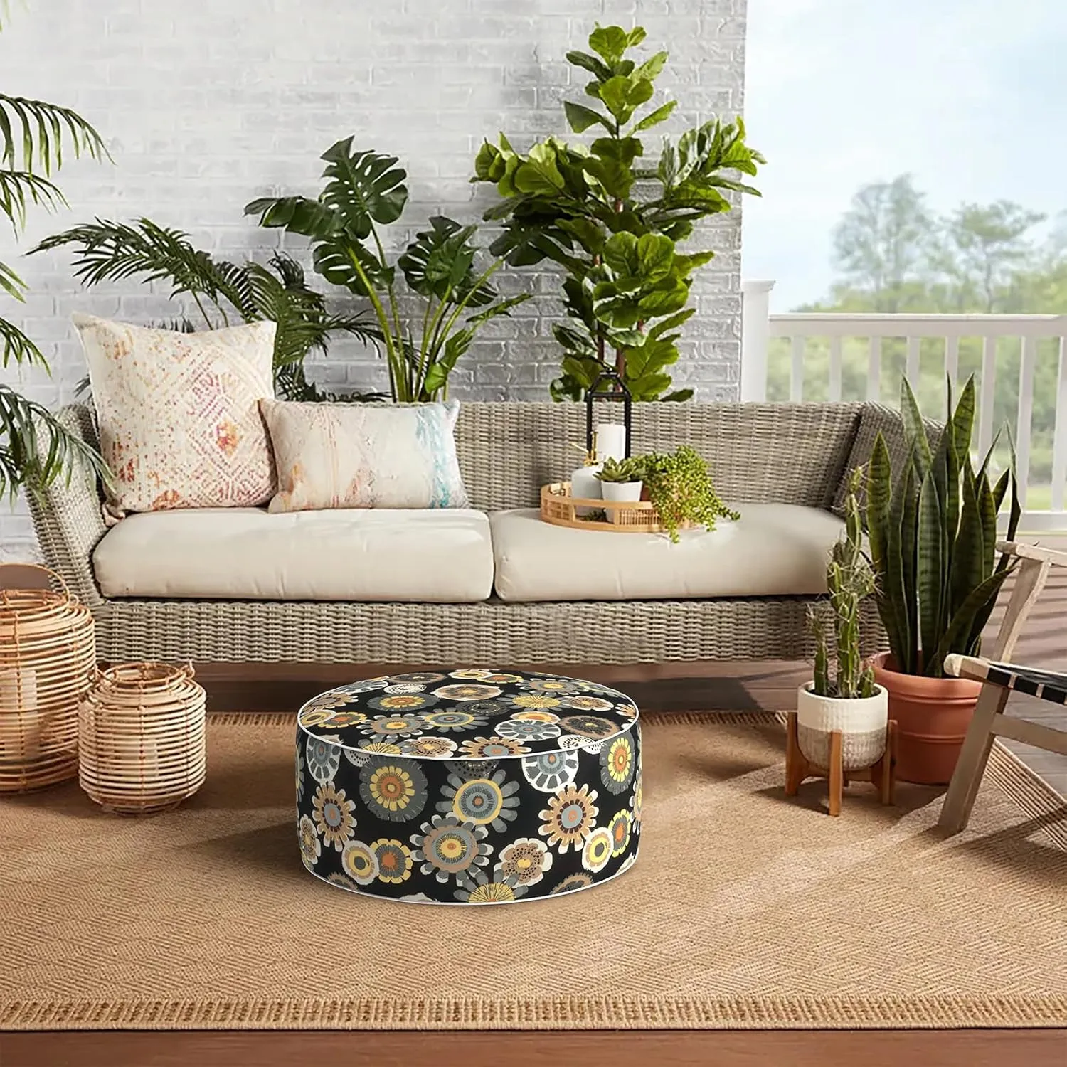 Indoor/Outdoor Inflatable Ottoman D21 x H9 inch, Round Footstool Inflatable Foot Rest Ottomans with Handle,Portable Ottoman Pouf for Patio, Garden, Camping, Home,Black Yellow Crosby