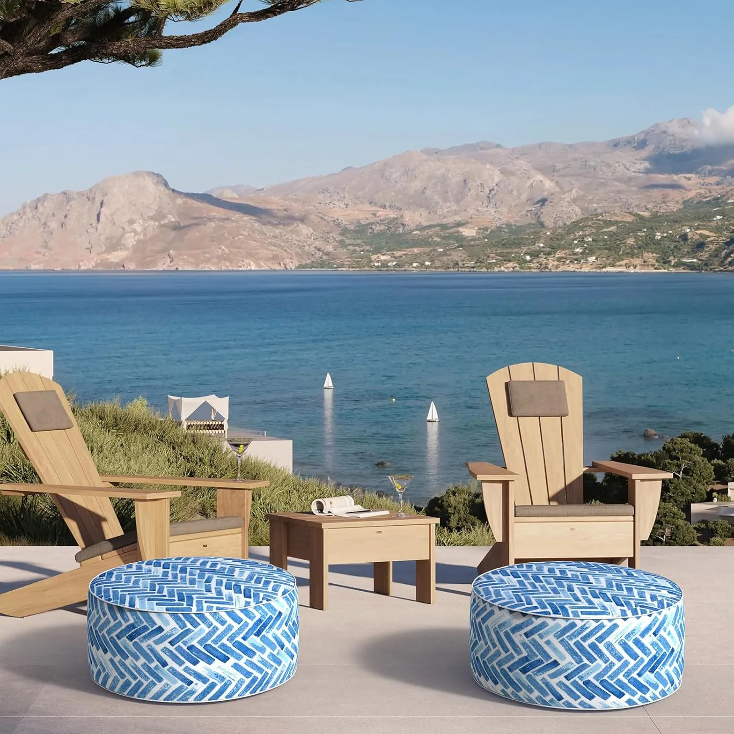 Inflatable Ottoman Stool D21 xH9 for Outdoor/Indoor Use, Water Repellent Patio Foot Rest Stool with Portable Handle,Round Pouf Ottoman Suitable for Garden,Deck and Camping - Blue Bricks