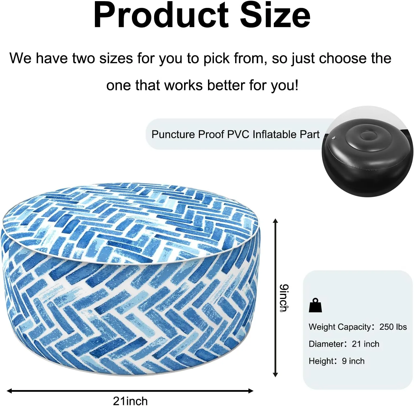 Inflatable Ottoman Stool D21 xH9 for Outdoor/Indoor Use, Water Repellent Patio Foot Rest Stool with Portable Handle,Round Pouf Ottoman Suitable for Garden,Deck and Camping - Blue Bricks