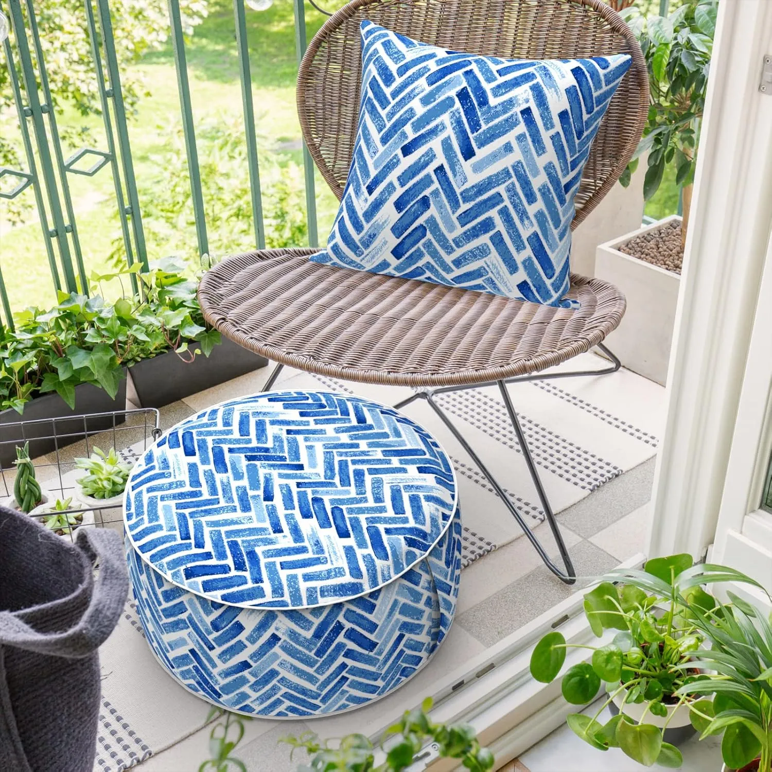 Inflatable Ottoman Stool D21 xH9 for Outdoor/Indoor Use, Water Repellent Patio Foot Rest Stool with Portable Handle,Round Pouf Ottoman Suitable for Garden,Deck and Camping - Blue Bricks