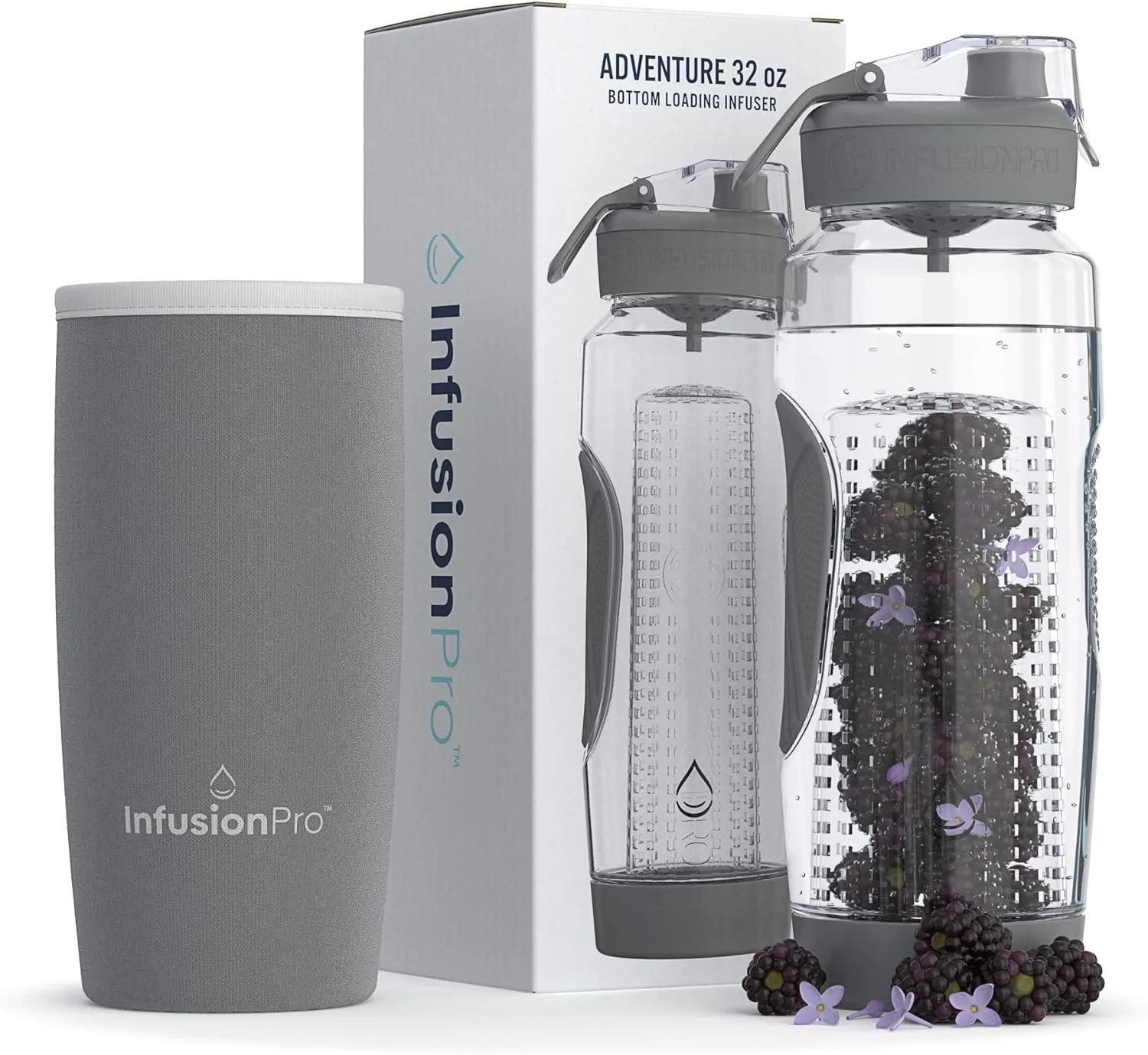 Infusion Pro 32 oz Fruit Infuser Water Bottle with Insulated Sleeve & 50 Recipe Fruit Infusion Water eBook : Bottom Loading, Large Water Infuser for More Flavor : Unique Gift Idea for Women