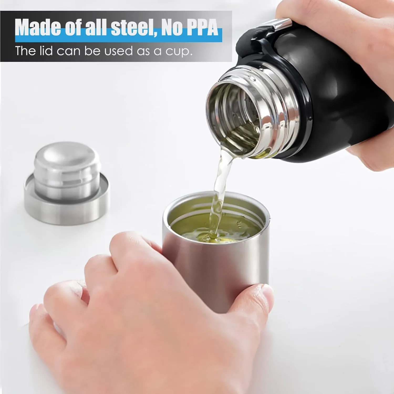Insulated vacuum Thermo Bottle 1000ml/33.8oz with cup Stainless steel coffee bottles for hot and cold drink water flask.(Black,1000ml)