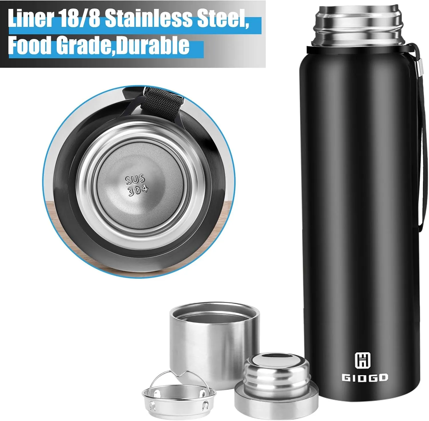Insulated vacuum Thermo Bottle 1000ml/33.8oz with cup Stainless steel coffee bottles for hot and cold drink water flask.(Black,1000ml)