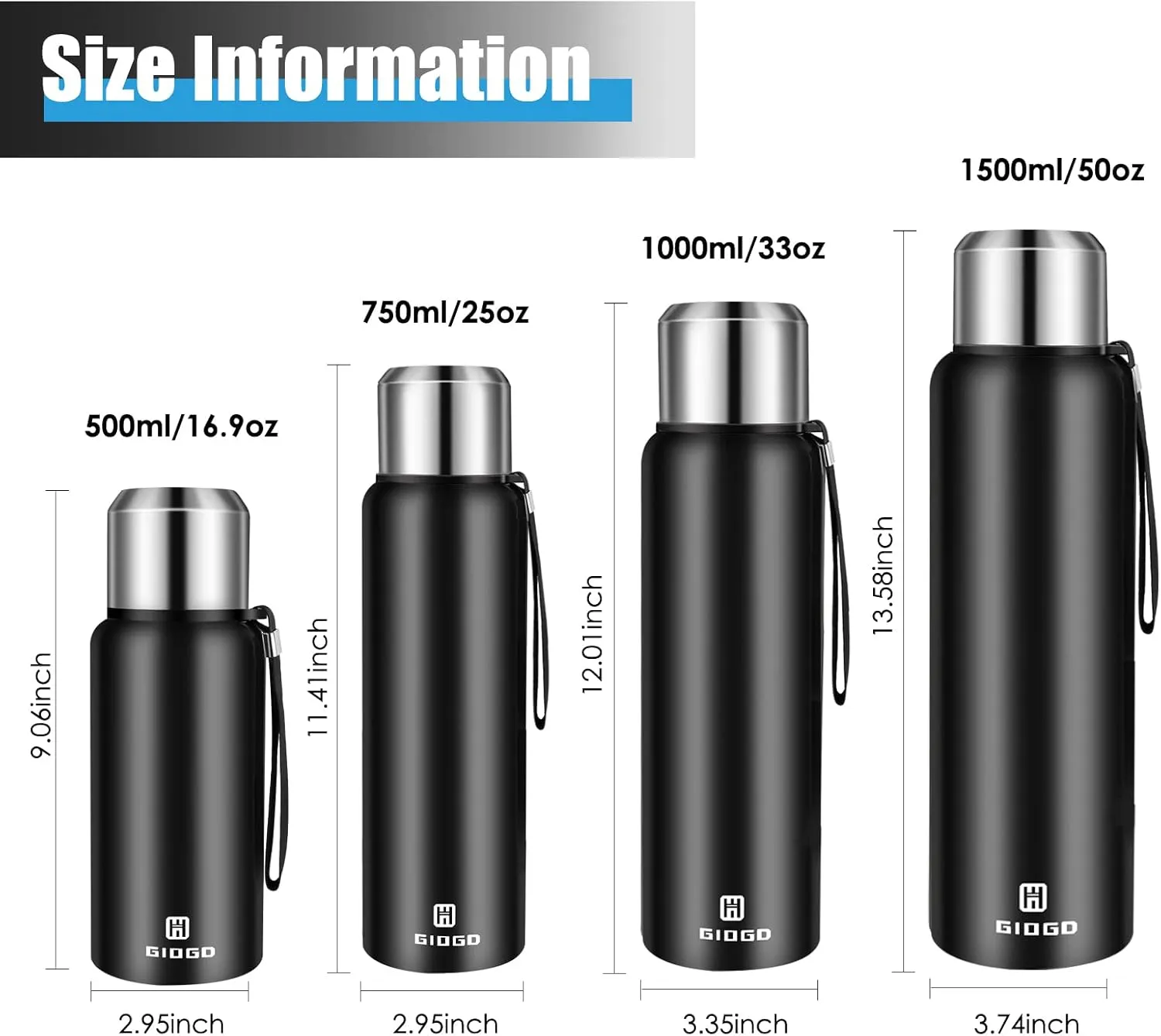 Insulated vacuum Thermo Bottle 1000ml/33.8oz with cup Stainless steel coffee bottles for hot and cold drink water flask.(Black,1000ml)