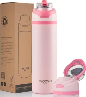 Insulated Water Bottle 24 oz Flip Top, Leak Proof Water Bottle with Straw Lid and Carrying Loop, Reusable Dishwasher Safe Water Bottle Stainless Steel for Travel Sports Gym, Light Pink
