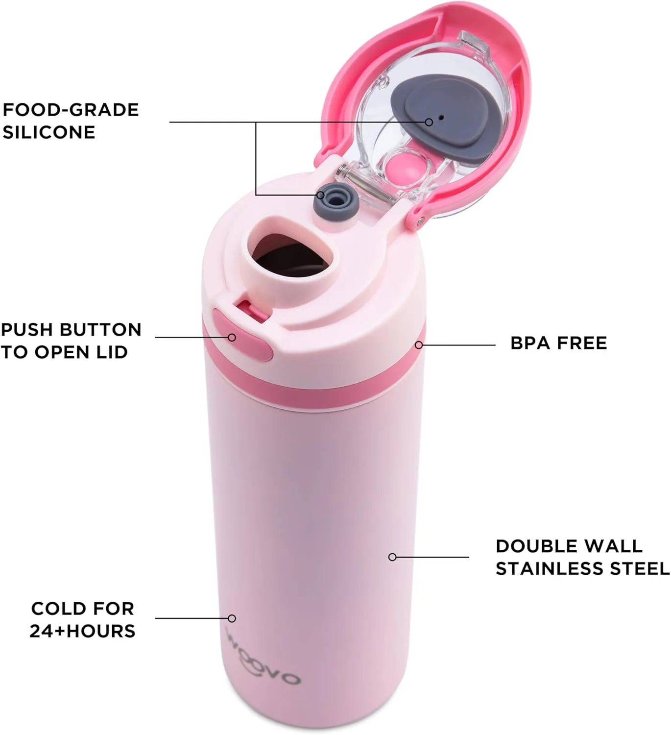 Insulated Water Bottle 24 oz Flip Top, Leak Proof Water Bottle with Straw Lid and Carrying Loop, Reusable Dishwasher Safe Water Bottle Stainless Steel for Travel Sports Gym, Light Pink