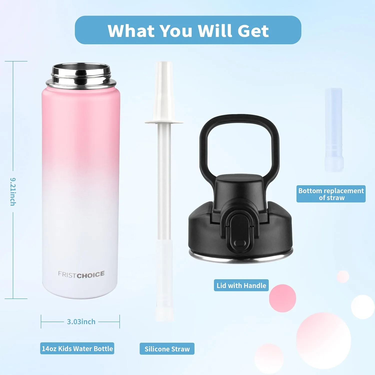 Insulated water bottle with Lid,24oz Stainless Steel Water Bottle for Boys,Girls,Double Wall Vacuum Wide Mouth Insulated Water Flask for School,Travel,BPA-free and Leak-proof（24oz,Pink White）
