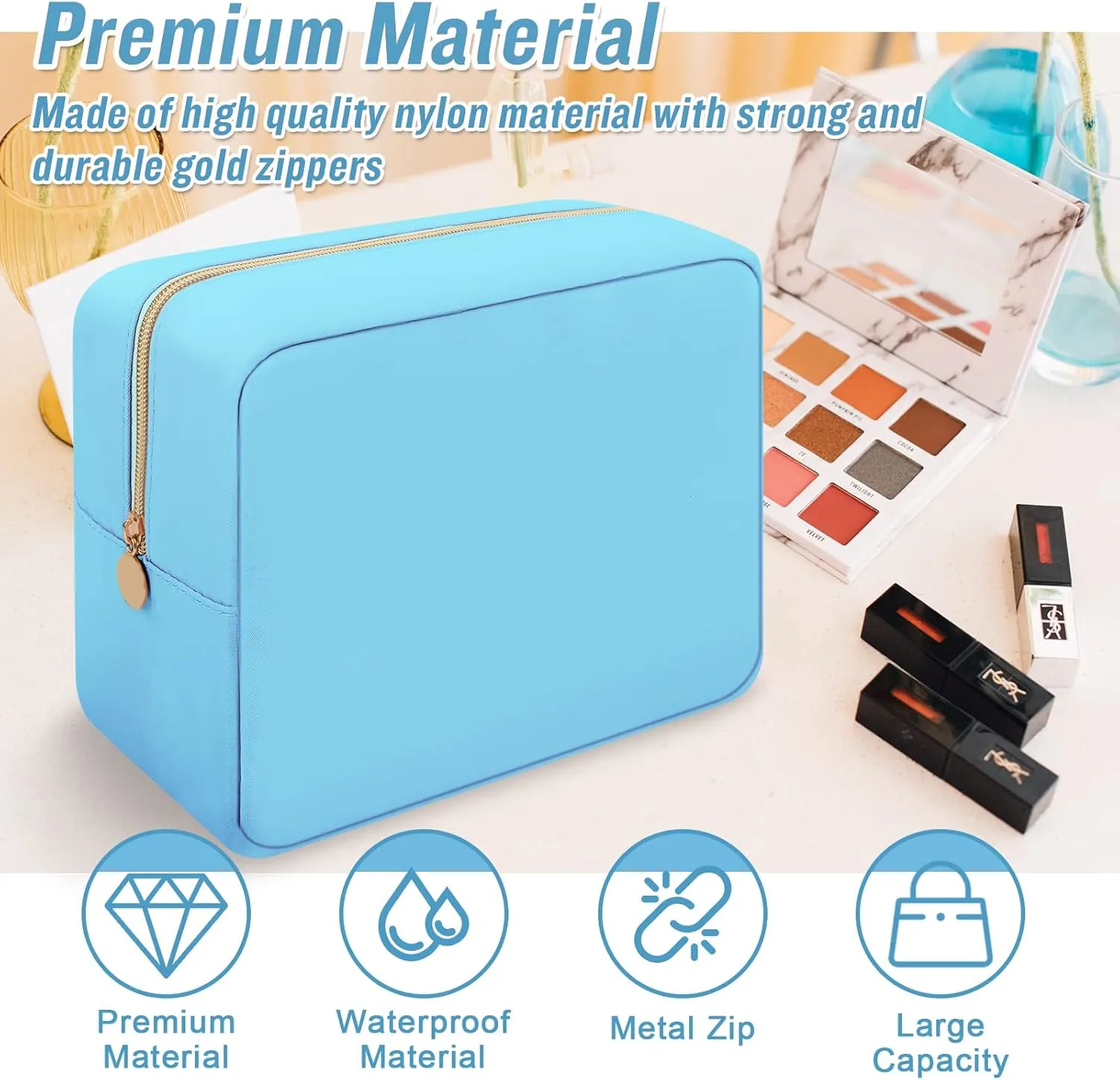 Iqimott Nylon Large Makeup Bag Travel Pouch, Preppy Big Cosmetic Bag Makeup Organizer Nylon Large Capacity Toiletry Bag, Waterproof Large Zipper Pouch Storage Bag for Women Girls Teens(Blue)