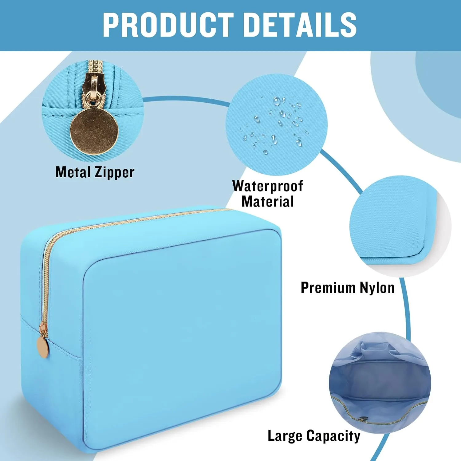 Iqimott Nylon Large Makeup Bag Travel Pouch, Preppy Big Cosmetic Bag Makeup Organizer Nylon Large Capacity Toiletry Bag, Waterproof Large Zipper Pouch Storage Bag for Women Girls Teens(Blue)