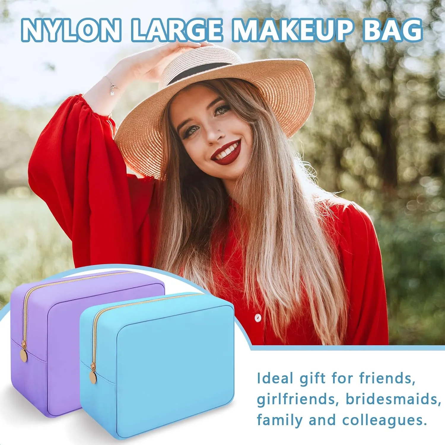 Iqimott Nylon Large Makeup Bag Travel Pouch, Preppy Big Cosmetic Bag Makeup Organizer Nylon Large Capacity Toiletry Bag, Waterproof Large Zipper Pouch Storage Bag for Women Girls Teens(Blue)