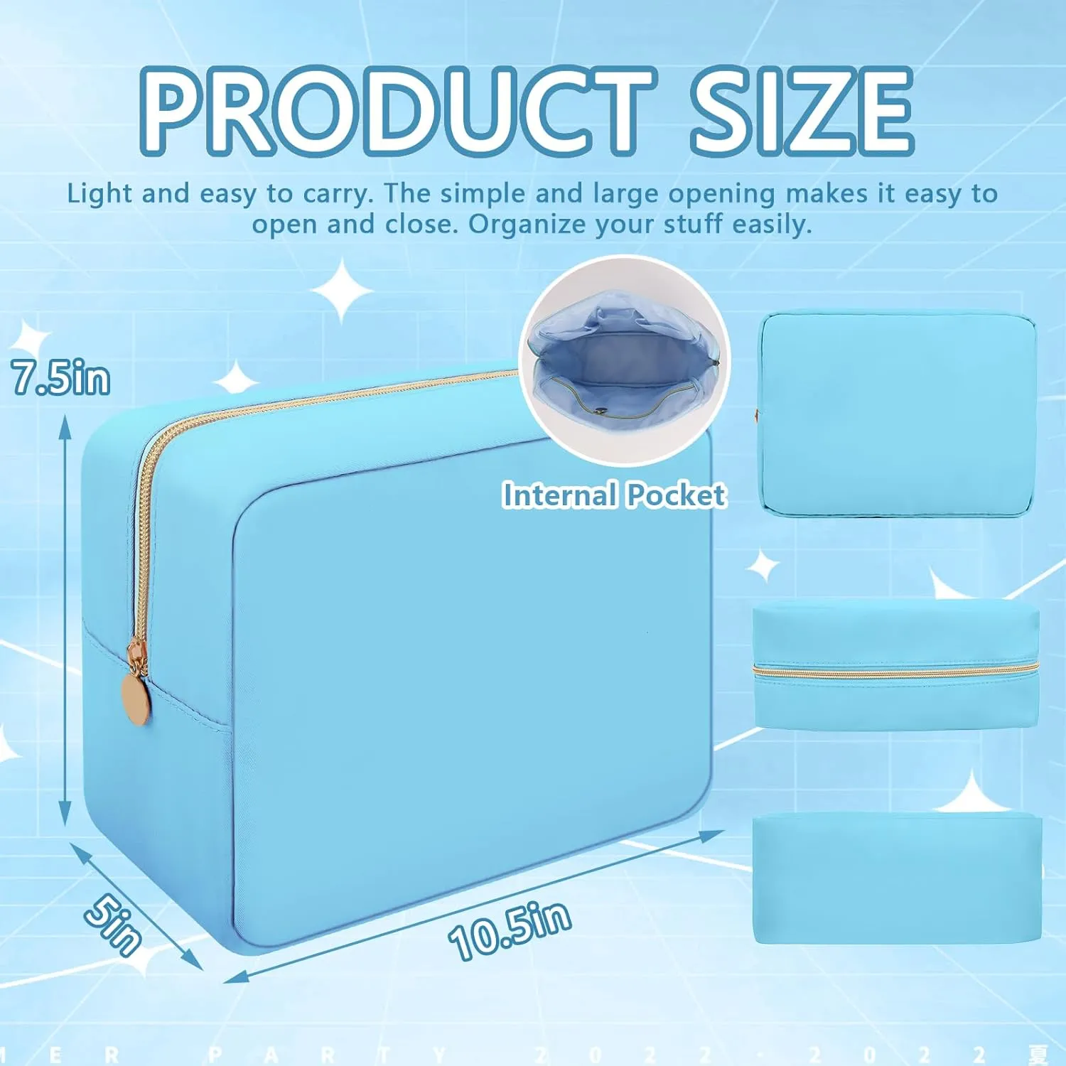 Iqimott Nylon Large Makeup Bag Travel Pouch, Preppy Big Cosmetic Bag Makeup Organizer Nylon Large Capacity Toiletry Bag, Waterproof Large Zipper Pouch Storage Bag for Women Girls Teens(Blue)