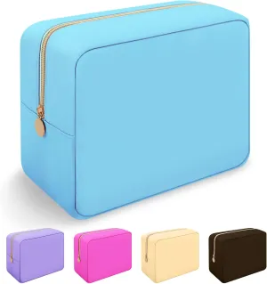 Iqimott Nylon Large Makeup Bag Travel Pouch, Preppy Big Cosmetic Bag Makeup Organizer Nylon Large Capacity Toiletry Bag, Waterproof Large Zipper Pouch Storage Bag for Women Girls Teens(Blue)