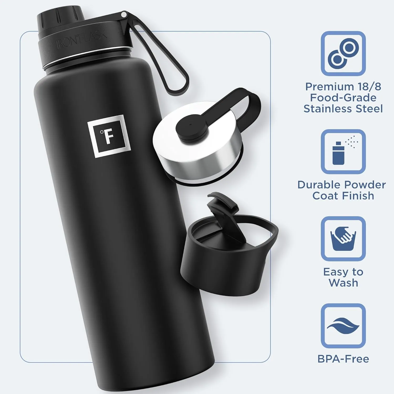 IRON °FLASK Camping & Hiking Hydration Flask with 3 Lids - Stainless Steel, Double Walled & Vacuum Insulated Water Bottle - Leak Proof & BPA Free (Black Marquina, Spout - 40 oz)