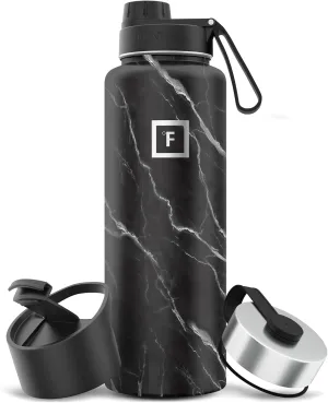 IRON °FLASK Camping & Hiking Hydration Flask with 3 Lids - Stainless Steel, Double Walled & Vacuum Insulated Water Bottle - Leak Proof & BPA Free (Black Marquina, Spout - 40 oz)