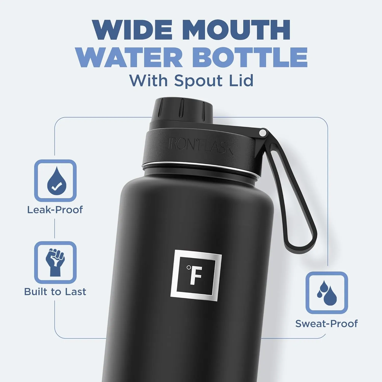 IRON °FLASK Camping & Hiking Hydration Flask with 3 Lids - Stainless Steel, Double Walled & Vacuum Insulated Water Bottle - Leak Proof & BPA Free (Black Marquina, Spout - 40 oz)