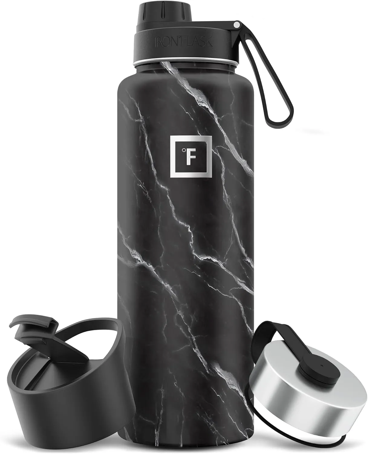 IRON °FLASK Camping & Hiking Hydration Flask with 3 Lids - Stainless Steel, Double Walled & Vacuum Insulated Water Bottle - Leak Proof & BPA Free (Black Marquina, Spout - 40 oz)